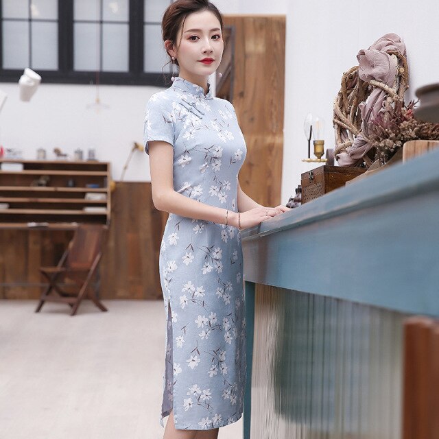 2021 Neue Leinen Cheongsam Chinesische Traditionelle Vintage Kleid Mode Lange Kleider Frauen Qipao S bis 3XL