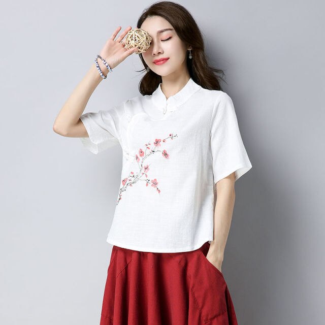 Summer Chinese Style Women's Retro Shirts Stand Collar Buckle Loose Cotton and Linen National Women Blouse Top Plus Size