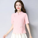 Summer Chinese Style Women's Retro Shirts Stand Collar Buckle Loose Cotton and Linen National Women Blouse Top Plus Size