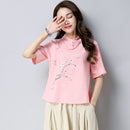 Summer Chinese Style Women's Retro Shirts Stand Collar Buckle Loose Cotton and Linen National Women Blouse Top Plus Size