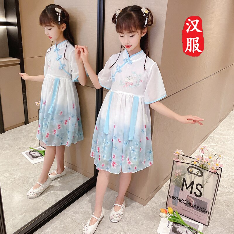 Sommerkleid für Mädchen, 2021 Neuer Kinderrock Cheongsam Chiffon-Prinzessinkleid
