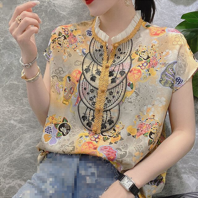 Camisa Floral de estilo europeo para mujer, camisa y blusa Vintage de manga corta de gasa con cuello levantado y encaje para mujer