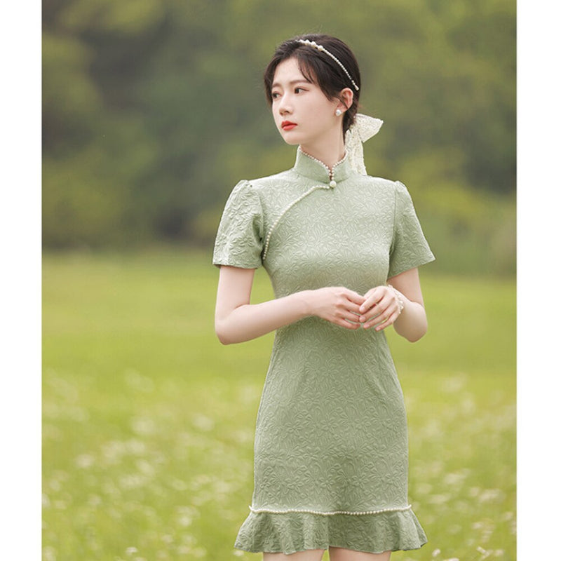 Chinese Improved Cheongsams Summer Young Girls Short Sleeve Floral Dress Women Jacquard Satin Ruffle Students Dresses