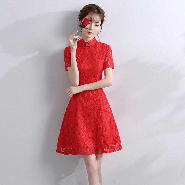 2021 moda mujer Retro temperamento mejorado Cheongsam uso diario primavera verano champán encaje A-line vestido