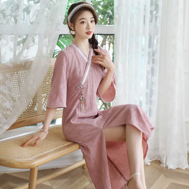 2021 New Improved Hanfu, Chinese Style Retro Ethnic Cotton Jacquard Slim-fit Collar Dress