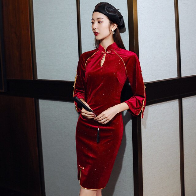 Neu 2021 Samt Cheongsam Retro Chinesischer Stil Junges Modifiziertes Cheongsam Kleid Bankettkleid B433