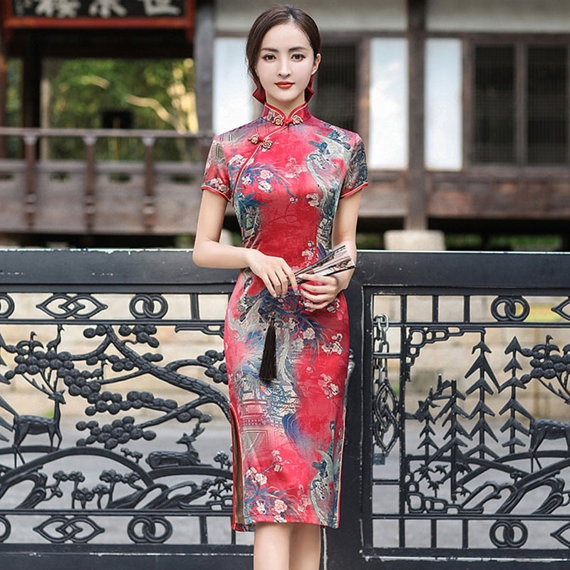 Red Plum Print Summer Cheongsam Dress Short Sleeve Chinese Style Vintage Qipao Silk Long Dresses Slim Plus Size Costume