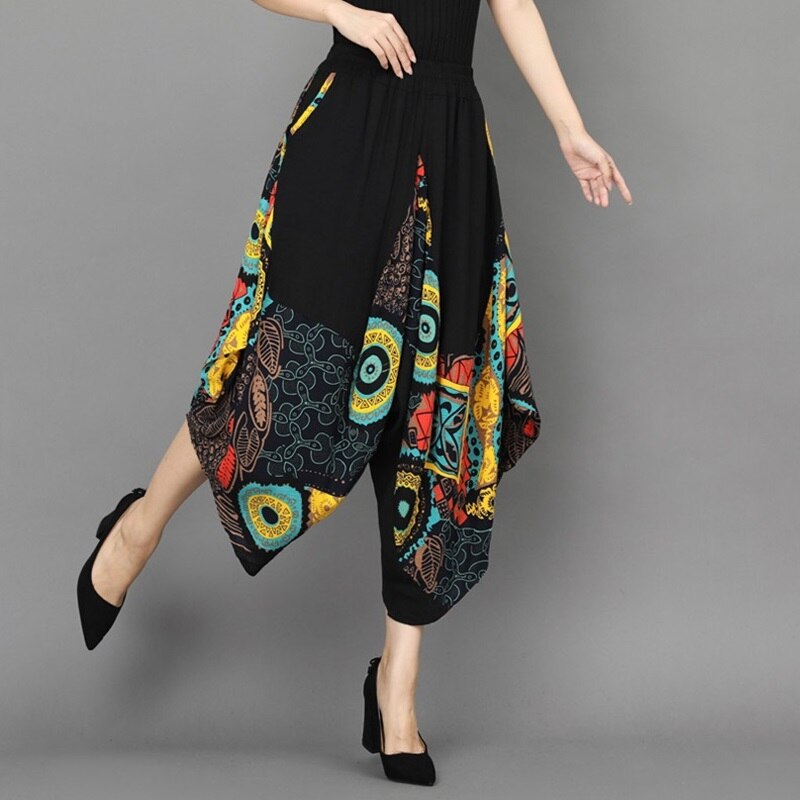 Traditional Floral Wide Leg Pants Women High Waist Drape Loose Chinese Style Harajuku Women Trousers Loose Harem Pants KK3644