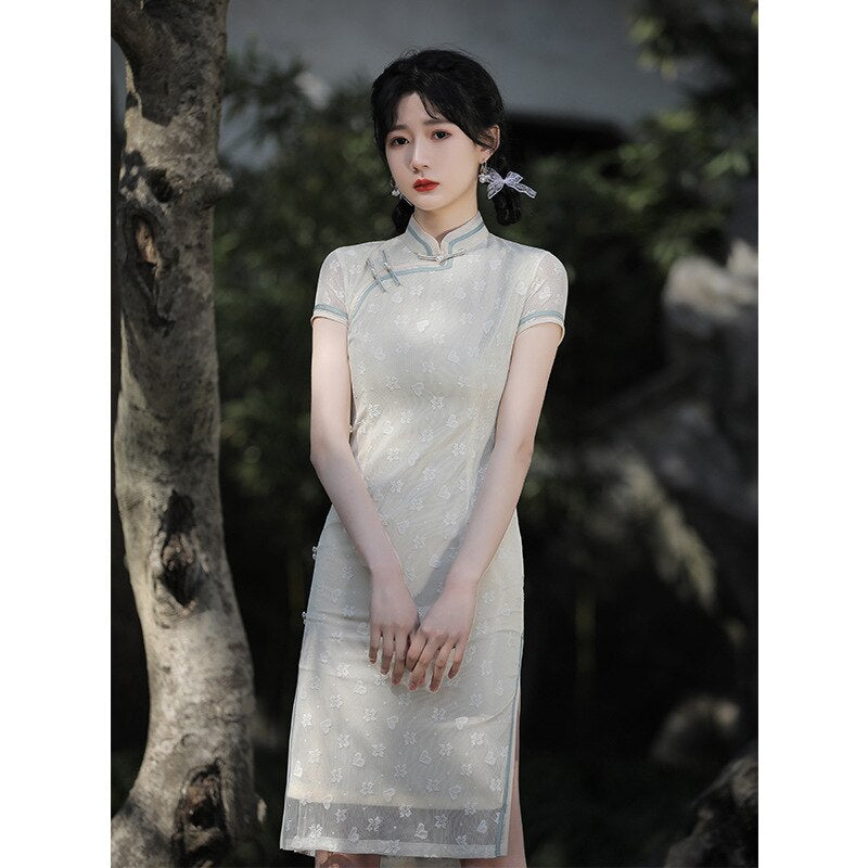 Chinese Style Improved Short Sleeve Lace Embroidery Cheongsam Spring Summer Women Vintage Sexy High Split Dress