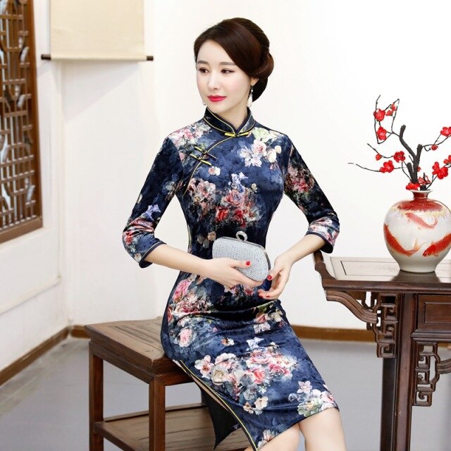Terciopelo Otoño Invierno Slit vestido Vintage chino tradicional Qipao largo Cheongsam diario elegante Sexy fiesta китайское платье
