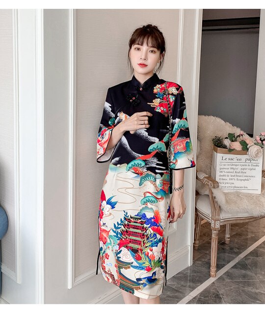 Real-time Guofeng Temperament Printed Dress Autumn and Winter New Sleeve Modified Split Cheongsam