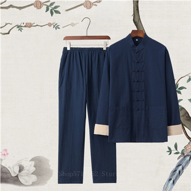 Lino sólido estilo chino tradicional Tops pantalones para hombres Color Kung Fu Tang traje Año Nuevo Festival otoño chaqueta Casual ropa