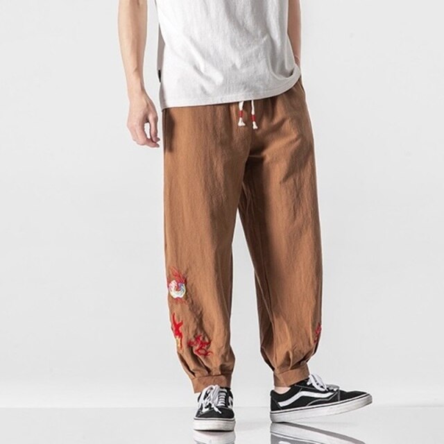 Zen Tea Men Chinese Style Embroidery Kung Fu Harem Pants Vietmam Japanese Fashion Sports Casual Trousers Dance Streetwear KK3539