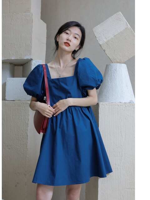 Girl Elegant Dress Bubble Sleeve Women's Summer New Style Square Neck Loose Temperament Short Slim Harajuku Vintage Mini Dress