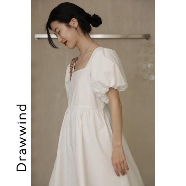 Girl Elegant Dress Bubble Sleeve Women's Summer New Style Square Neck Loose Temperament Short Slim Harajuku Vintage Mini Dress