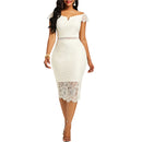 2020 Evening Party Women Sexy Off Shoulder V Neck Hollow Lace Bodycon Midi Dress Women&