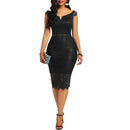 2020 Evening Party Women Sexy Off Shoulder V Neck Hollow Lace Bodycon Midi Dress Women&