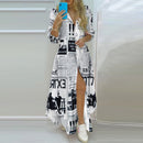 Boho Dress Autumn Single Breasted Button Irregular Long Dress Women Sexy Turn-down Collar Newspaper Letter Print Maxi Dress