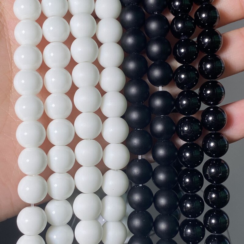 Großhandel Naturstein Weiß Schwarz Achate Matt Polnisch Matt Onyx Perlen Runde Perlen für die Schmuckherstellung DIY Armbänder 4-12mm 15"