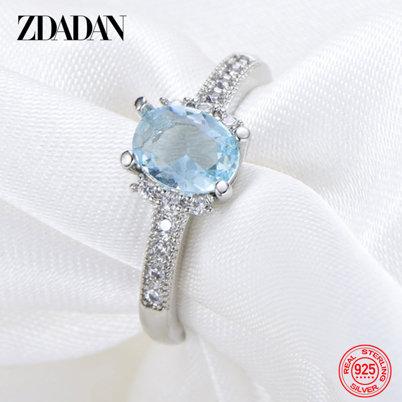 ZDADAN 925 Sterling Silver Charm Aquamarine Ring For Women Fashion Wedding Jewelry Engagement Party Gift