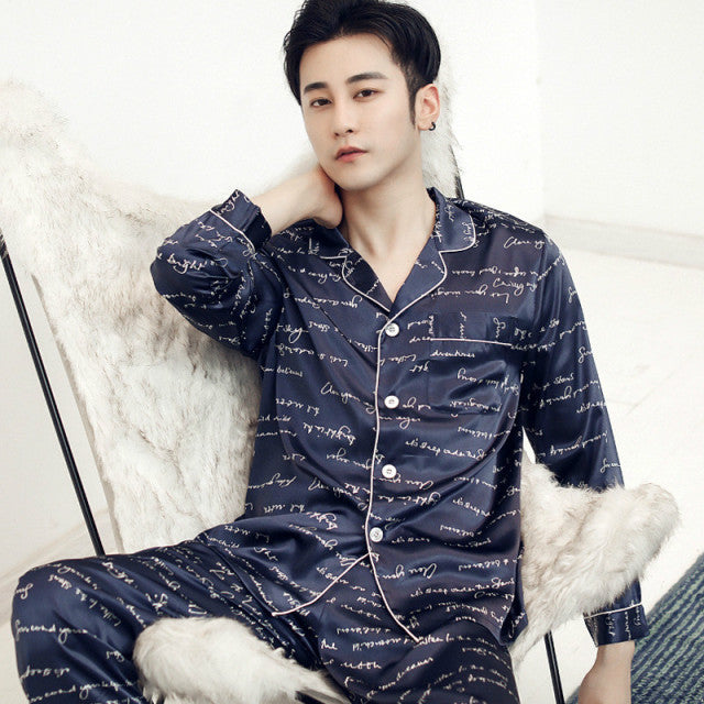 Pijamas de diseñador para hombre, ropa de dormir de manga larga, pantalones, pijamas finos de seda helada, conjunto de ropa de dormir para hombre, conjunto de Pijama