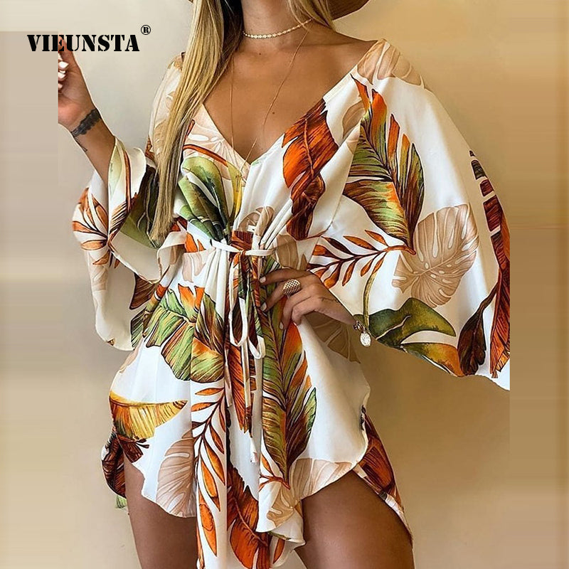 2021 verano mujeres vestidos elegantes Sexy cuello en V con cordones estampado Floral Mini vestido Casual mangas acampanadas Irregular señoras vestido de fiesta