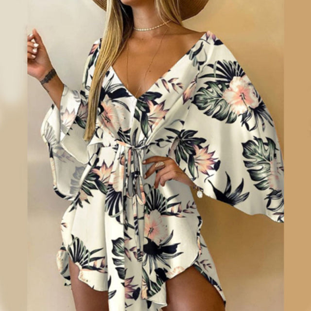 2021 Sommer Frauen Elegante Kleider Sexy V-Ausschnitt Lace-up Blumendruck Minikleid Casual Ausgestellte Ärmel Unregelmäßige Damen Partykleid