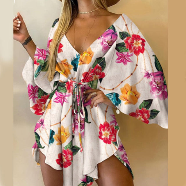 2021 verano mujeres vestidos elegantes Sexy cuello en V con cordones estampado Floral Mini vestido Casual mangas acampanadas Irregular señoras vestido de fiesta