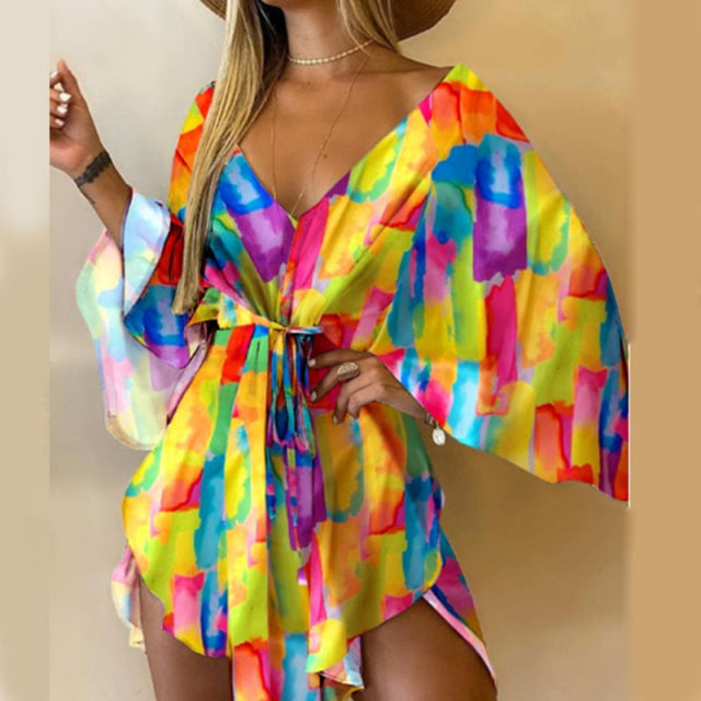 2021 Sommer Frauen Elegante Kleider Sexy V-Ausschnitt Lace-up Blumendruck Minikleid Casual Ausgestellte Ärmel Unregelmäßige Damen Partykleid