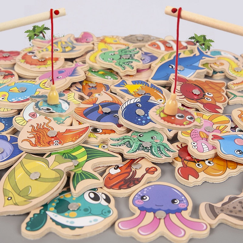 Juguetes de pesca magnéticos de madera Montessori para niños, dibujos animados, vida marina, cognición, juegos de peces, educación interactiva para padres e hijos
