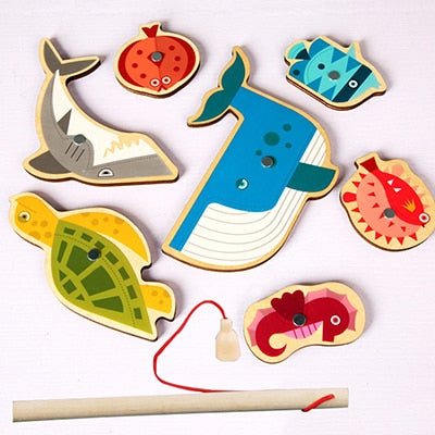 Montessori Hölzernes magnetisches Angelspielzeug für Kinder Cartoon Marine Life Cognition Fish Games Education Eltern-Kind Interaktiv