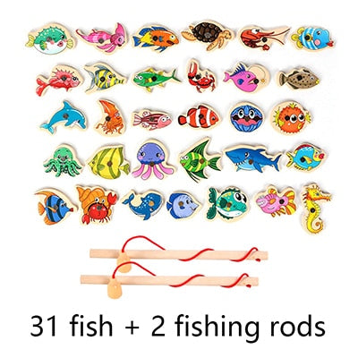 Montessori Wooden Magnetic Fishing Toys For Children Cartoon Marine Life Cognition Fish Games Education Parent-Child Interactive