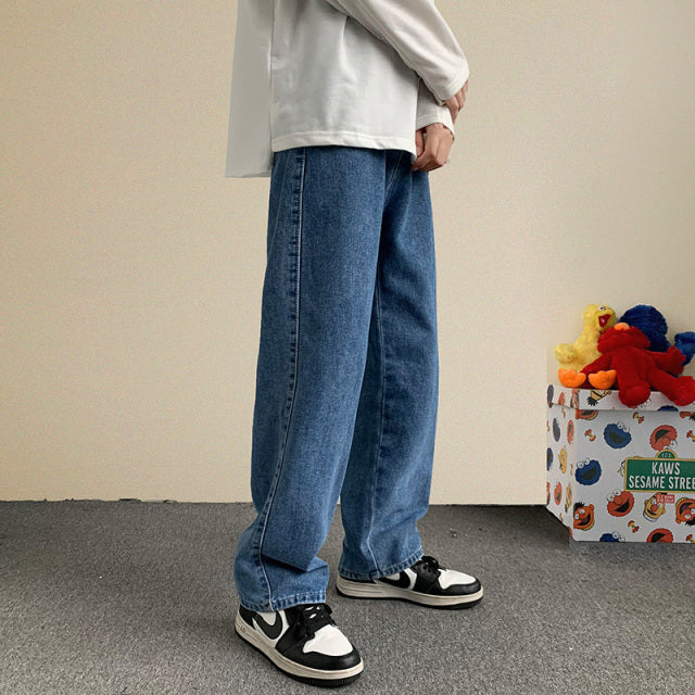 2021 otoño nueva ropa de calle pantalones vaqueros holgados para hombre moda coreana pantalones de pierna ancha rectos sueltos ropa de marca masculina negro azul claro