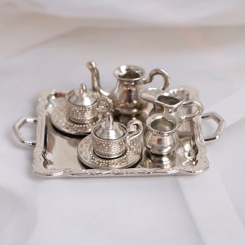 10 Teile / satz 1/12 Puppenhaus Miniatur Silber Metall Tee Kaffee Tablett Geschirr Set Für Puppenhaus Dekoration