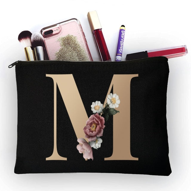 Make-up-Tasche für Mädchen, goldenes Buchstabenmuster, klassische Organizer-Tasche, Beutel für Reisetaschen, Damen-Kosmetiktasche