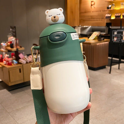 Nueva botella termo de oso Kawaii de 500 ML, botella de agua con pajita para niños, botella de bebida térmica aislada de acero inoxidable para estudiantes y niñas