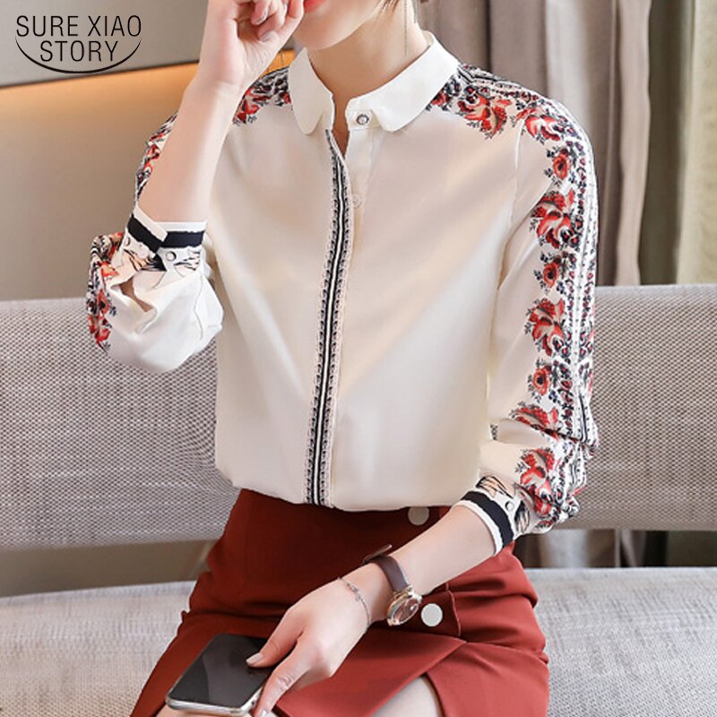 Neue Vintage Blumenseide Weibliche Kleidung Modedruck Satin Damenhemd Büro Langarm Button Up Bluse Blusas 16521