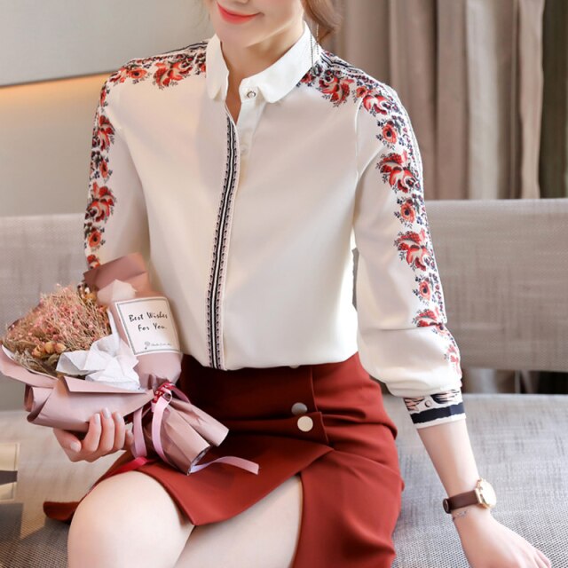 Nueva ropa femenina de seda Floral Vintage, camisa de satén con estampado de moda para mujer, blusa abotonada de manga larga para oficina, Blusas 16521