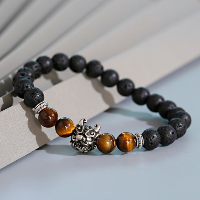 Pulsera clásica con corona y León para Hombre, Pulsera con abalorios hecha a mano con piedra de ónix y ojo de tigre para Mujer, joyería para Hombre