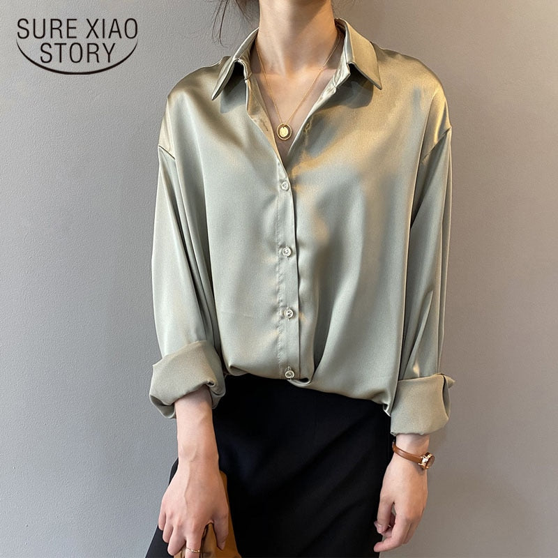 Camisa de seda satinada con botones a la moda, blusa Vintage de otoño para mujer, camisas blancas de manga larga, Tops, camisa de oficina coreana elegante para mujer 11355