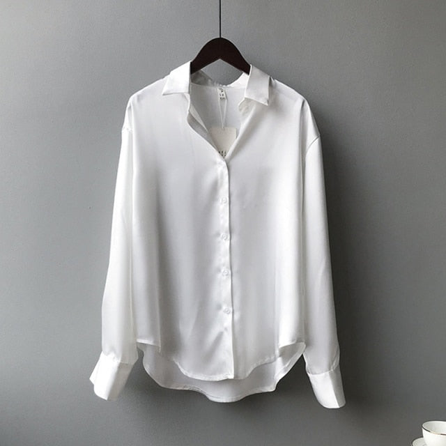 Fashion Button Up Satin Silk Shirt Autumn Vintage Blouse Women Long Sleeve White Shirts Tops Lady Chic Korean Office Shirt 11355