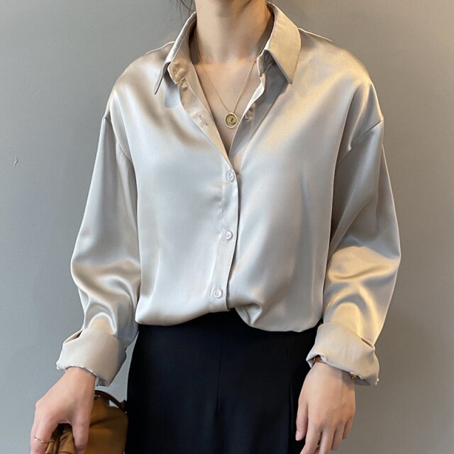Fashion Button Up Satin Silk Shirt Autumn Vintage Blouse Women Long Sleeve White Shirts Tops Lady Chic Korean Office Shirt 11355