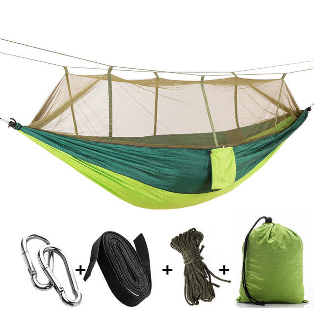 Tragbare Outdoor-Camping-Hängematte für 1–2 Personen mit Moskitonetz, hochfestem Fallschirm-Stoff, hängendes Bett, Jagd, Schlafschaukel