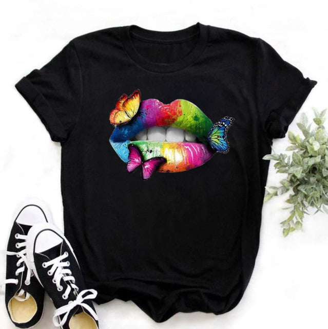 Frauen-Schmetterlings-Baum-Druck Harajuku-Sommer-T-Shirts Lässiger Rundhals-Kurzschluss-Hülsen-Oberseiten-T-Shirt Frauen-schwarzes T-Shirt Tropfen-Schiff