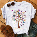 Mujer mariposa árbol estampado Harajuku verano camisetas Casual cuello redondo manga corta Top camiseta mujer negro camiseta Drop Ship
