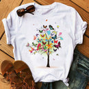 Mujer mariposa árbol estampado Harajuku verano camisetas Casual cuello redondo manga corta Top camiseta mujer negro camiseta Drop Ship