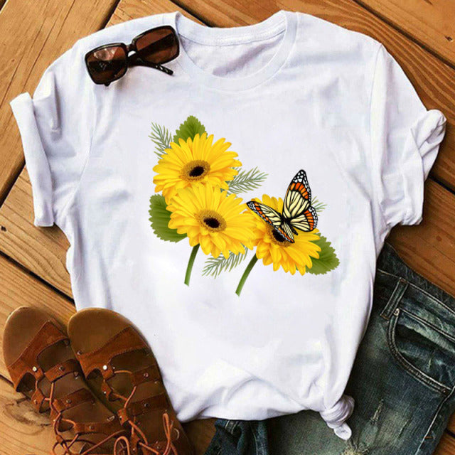 Frauen-Schmetterlings-Baum-Druck Harajuku-Sommer-T-Shirts Lässiger Rundhals-Kurzschluss-Hülsen-Oberseiten-T-Shirt Frauen-schwarzes T-Shirt Tropfen-Schiff
