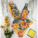2021 nuevo traje de baño Sexy de una pieza con estampado Floral y volantes, traje de baño con hombros descubiertos para mujer, ropa de playa sólida con escote en V profundo, traje de baño Monkini