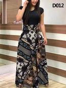 Ladies Summer Long Dress Printed Splicing Floral Banquet Round Neck Short Sleeve Tight Dress Elegant Sexy Woman Long Dress Xl