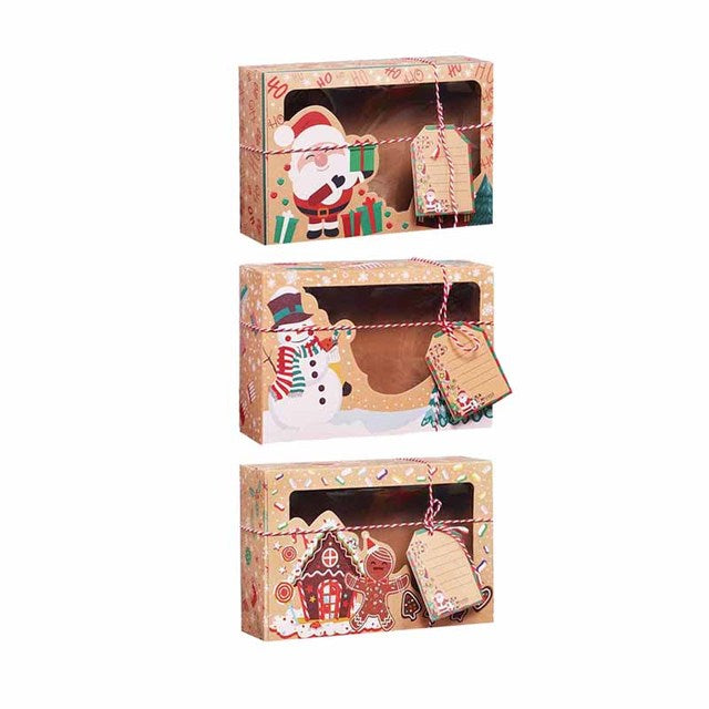 Cajas de dulces de papel Kraft de 3/6/9/12 Uds., caja de regalo de galletas de Feliz Navidad, bolsa de embalaje de ventana transparente, recuerdo de fiesta, decoración de Año Nuevo